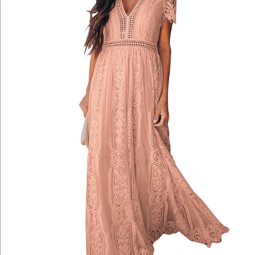 Deep V Neck Short Sleeve Floral Lace Maxi Dress